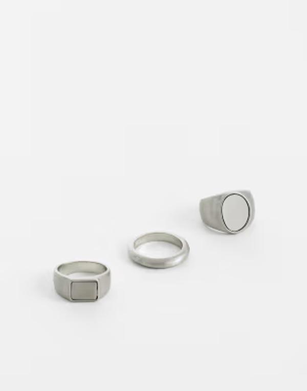 エイソス メンズ 佩び物 輪っか ASOS DESIGN 3 pack oval signet rings インチ brushed SILVER しろがね色