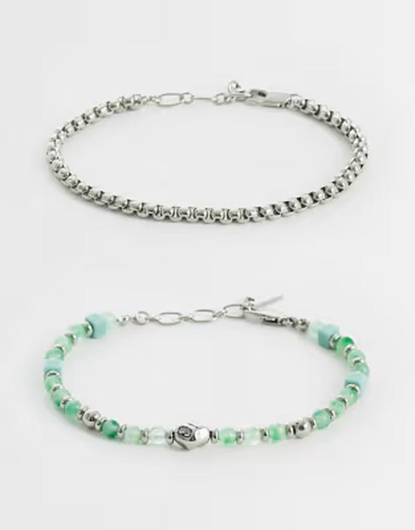 エイソス メンズ 付属物 ブレスレット・バングル・アンクレット ASOS DESIGN 2 pack green prehnite semi-preciousquare beaded and chain bracelet SILVER しろがね色