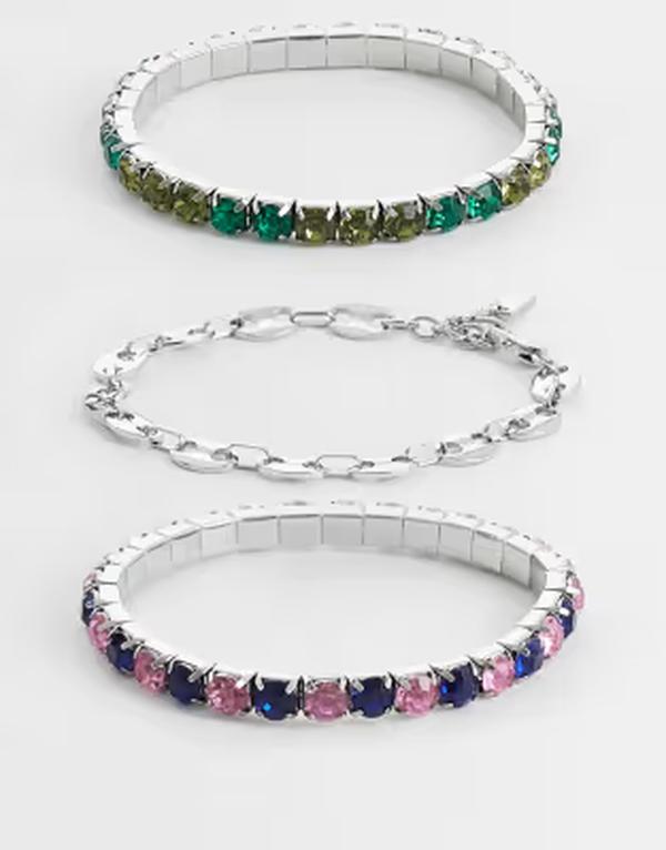 エイソス メンズ 佩び物 ブレスレット・バングル・アンクレット ASOS DESIGN 3 pack square crystal and geometric link chain bracelet SILVER しろがね色