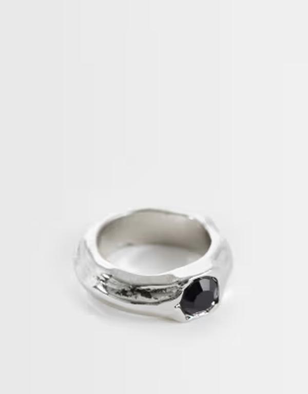 エイソス メンズ 付属物 輪っか ASOS DESIGN black stone molten ring SILVER しろがね色