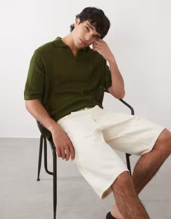 エイソス メンズ トップス スポーツシャツ 編み物 ASOS DESIGN oversized open knitted notch neck インチ dark GREEN 緑であること