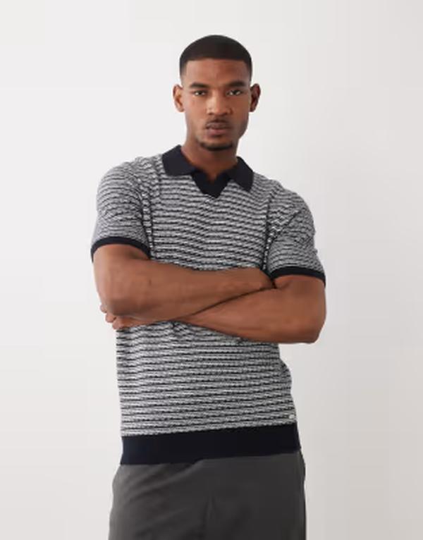 スリードベア メンズ トップス スポーツシャツ 綿織物 編み物 Threadbare cotton rich textured knit polo top and ecru Navy and ecru エクリュ