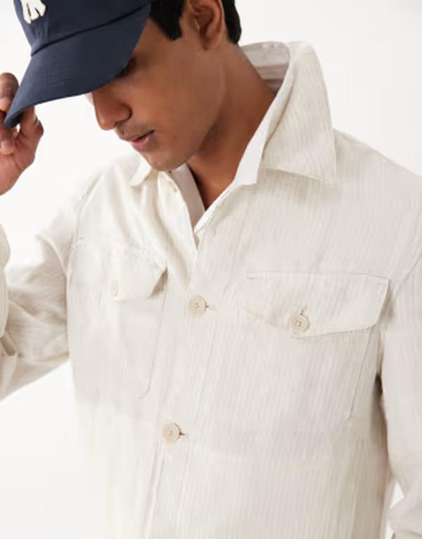 マンゴ メンズ トップス プルオーバー Mango button up striped overshirt WHITE 白いこと