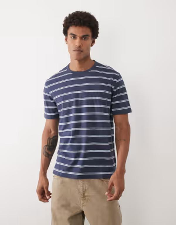 マンゴ メンズ トップス ティーシャツ 綿織物 Mango 100% cotton light weight striped T-shirt NAVY 米国海軍