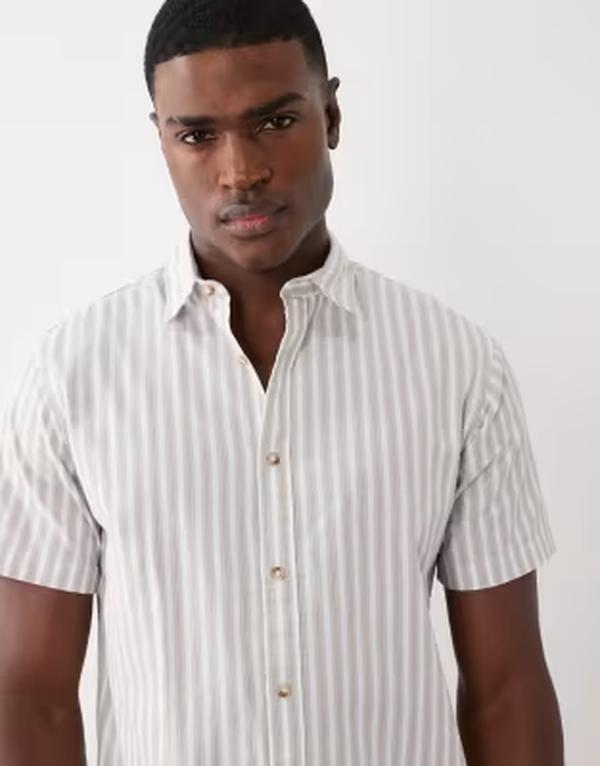 ジャック アンド ジョーンズ メンズ トップス シャツ オックスフォード Jack & Joneshort sleeve stripe oxford shirt String ベージュ｜ReVida 店