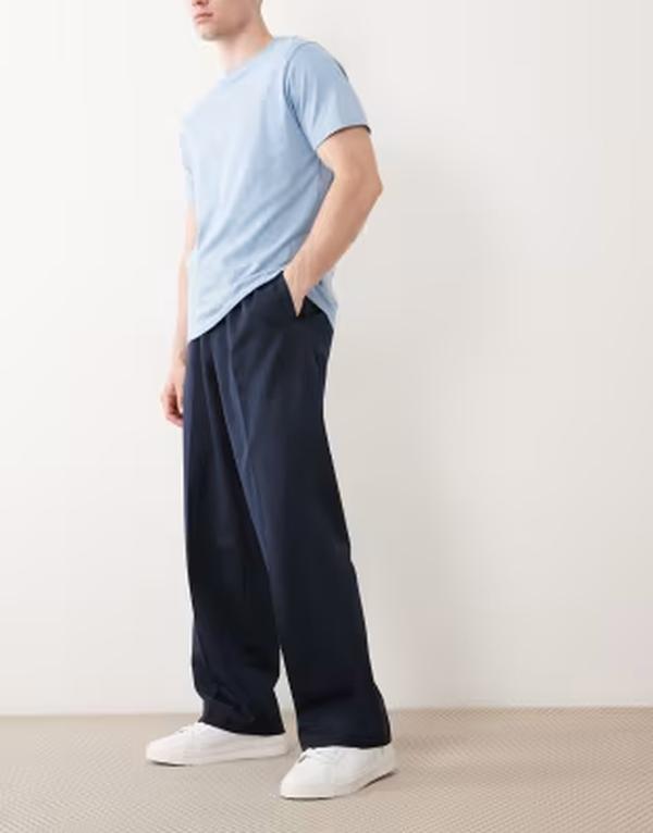 エイソス メンズ ボトムス カジュアルパンツ ワイドレッグ ASOS DESIGN smart pull on wide leg pants NAVY ネイビー｜ReVida 店
