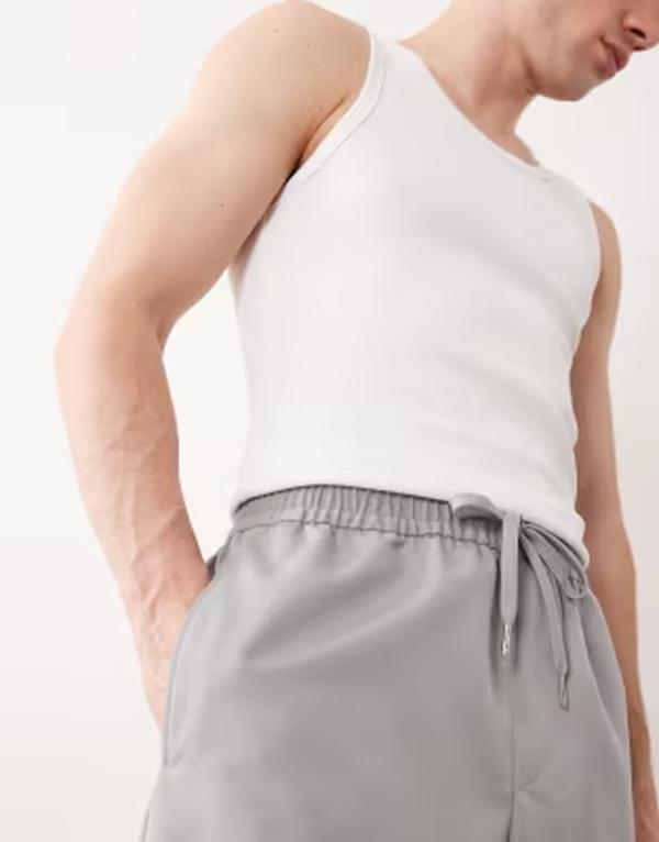 エイソス メンズ ボトムス 心地好いズボン下 ワイドレッグ ASOS DESIGN smart pull on wide leg pants LIGHT GRAY 薄墨色