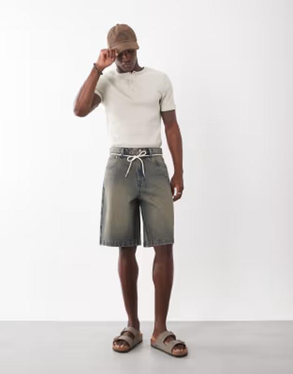 エイソス メンズ ボトムス ハーフパンツ・ショーツ デニム ASOS DESIGN loose denim jorts tint with self tie BROWN ブラウン｜ReVida 店