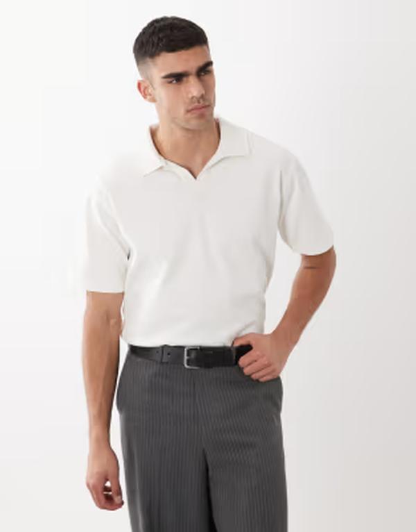 エイソス メンズ トップス スポーツシャツ ASOS DESIGN Circular Design Collection super heavyweight relaxed camp collar polo インチ greige