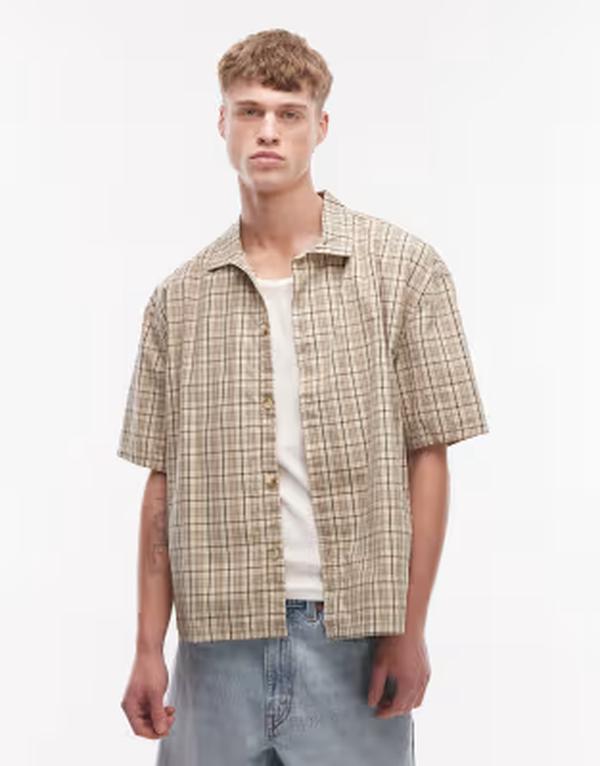 リズム メンズ トップス シャツ Rhythm relaxed short sleeve shirt plaid BEIGE ベージュ｜ReVida 店