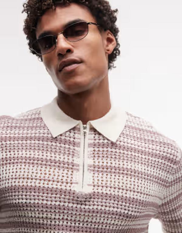エイソス メンズ トップス スポーツシャツ 編み物 ASOS DESIGN knit striped zip upolo インチ ecru and Ecru/purple エクリュ