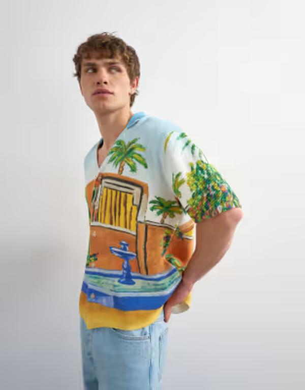 いの一番マン メンズ トップス ティーシャツ 伸び伸びする相応う 刷り上げる 編み物 Topman relaxed fit knit shirt with printed garden scene インチ multi マルチ色合い