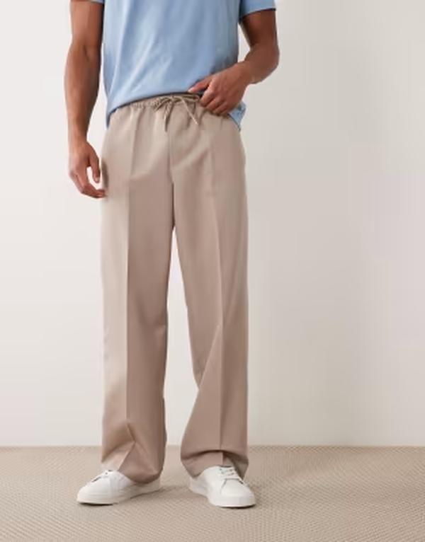エイソス メンズ ボトムス 心地好いズボン下 ワイドレッグ ASOS DESIGN smart pull-on wide leg pants インチ stone 石ころ