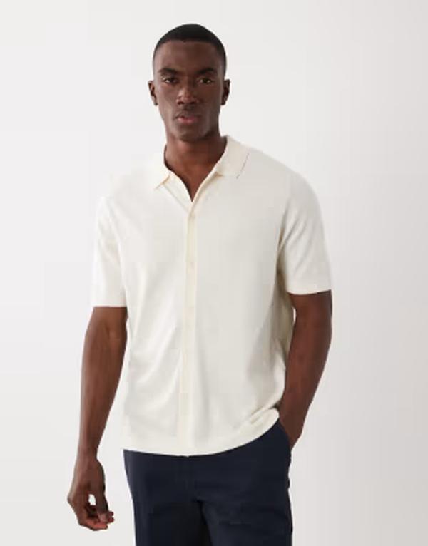 スリードベア メンズ トップス スポーツシャツ 伸び伸びする相応う 編み物 Threadbarelaxed fit knit short sleeve shirt インチ ecru エクリュ