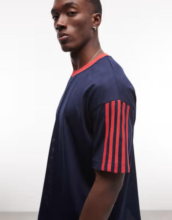 コルージョン メンズ トップス Tシャツ COLLUSION boxy side stripe sporty T-shirt NAVY ネイビー|ReVida 店