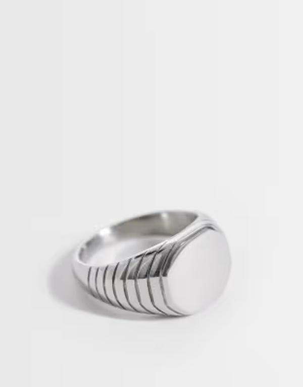 エイソス メンズ 佩び物 輪っか プルオーバー ASOS DESIGN waterproof stainlessteel octagonal signet ring with engraved line detail edge SILVER しろがね色