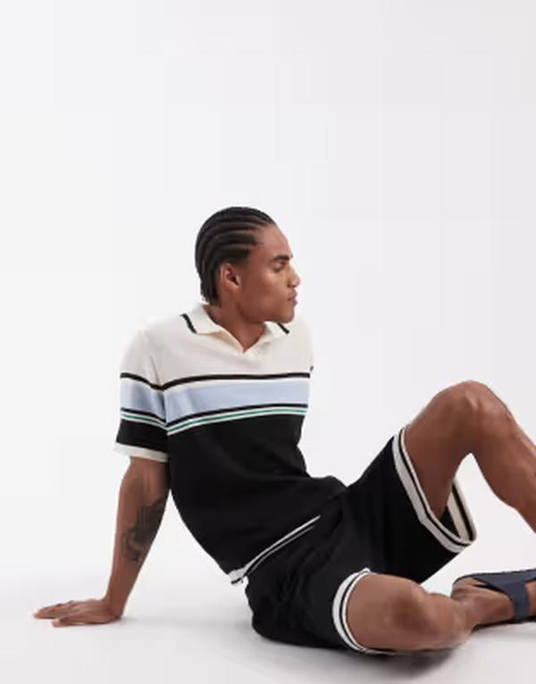 エイソス メンズ トップス スポーツシャツ 編み物 ASOS DESIGN relaxed knit notch neck with stripedetail インチ multi - part of a set Multi マルチ色合い