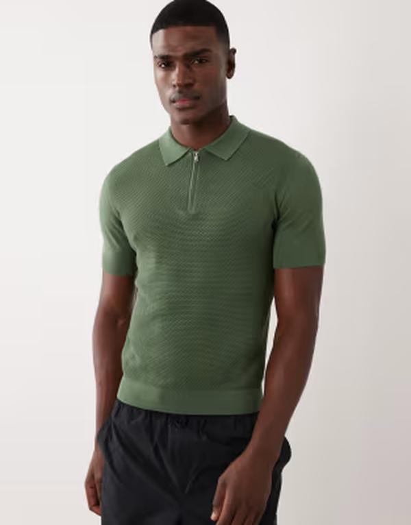マンゴ メンズ トップス ポロシャツ ハーフジップ Mango quarter zipolo shirt GREEN グリーン|ReVida 店