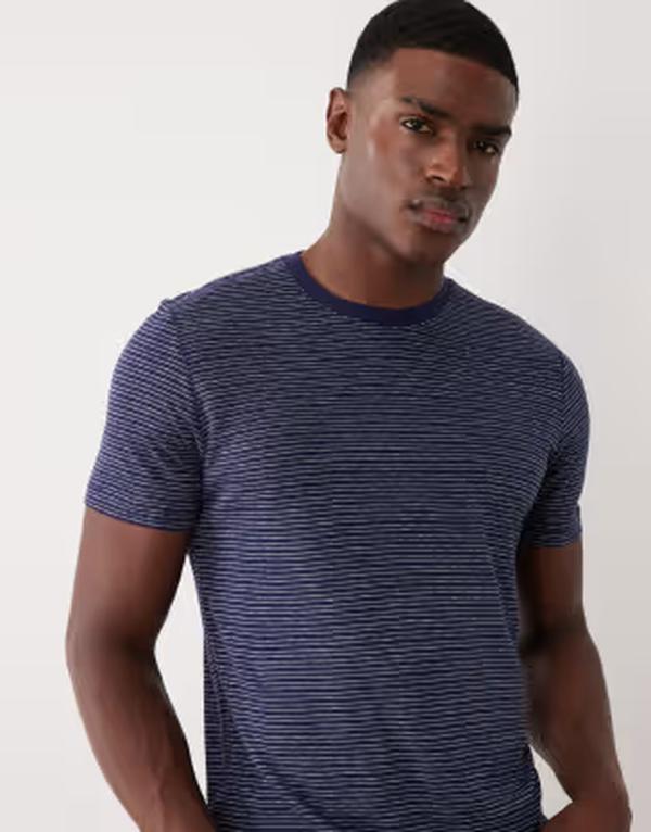 マンゴ メンズ トップス Tシャツ レギュラーフィット リネン Mango linen mix regular fit striped T-shirt NAVY ネイビー｜ReVida 店