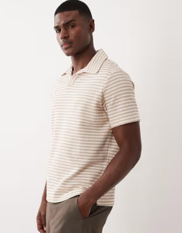 マンゴ メンズ トップス Tシャツ コットン Mango cotton rich camp collar striped T-shirt BEIGE ベージュ｜ReVida 店