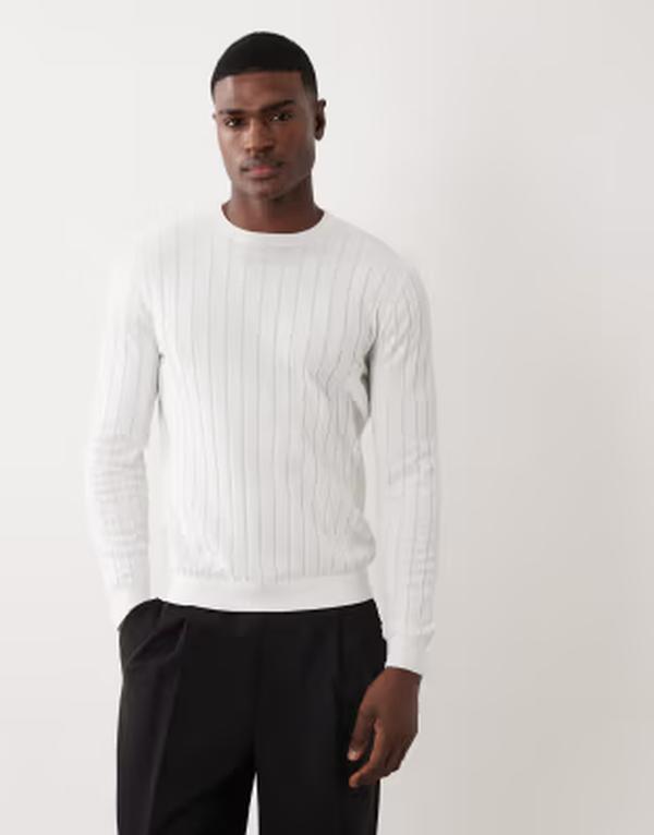 マンゴ メンズ アウター 編み物・プルオーバー 肋筋 Mango long sleeve fine knit ribbed sweater WHITE 白いこと