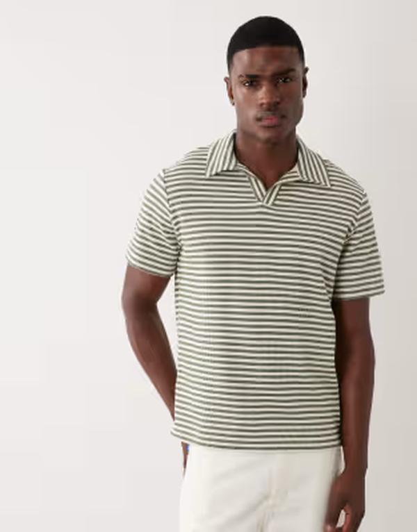 マンゴ メンズ トップス Tシャツ ニット Mango striped camp collar knit-shirt Khaki カーキ｜ReVida 店