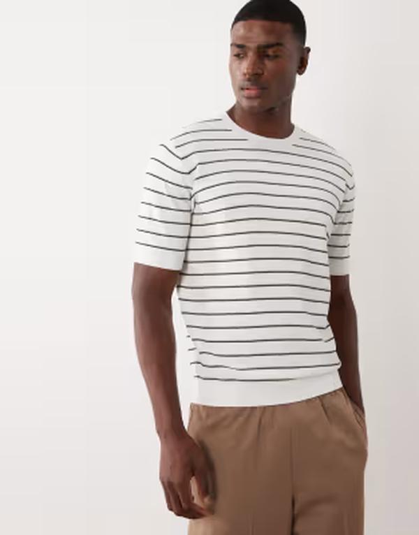 マンゴ メンズ トップス Tシャツ ニット Mango fine knit striped T-shirt BEIGE ベージュ｜ReVida 店