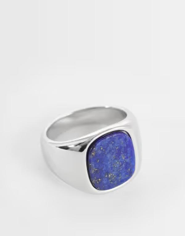 エイソス メンズ 佩び物 輪っか プルオーバー ASOS DESIGN waterproof stainlessteel semi-precious blue lapis rectangle stone signet ring SILVER しろがね色