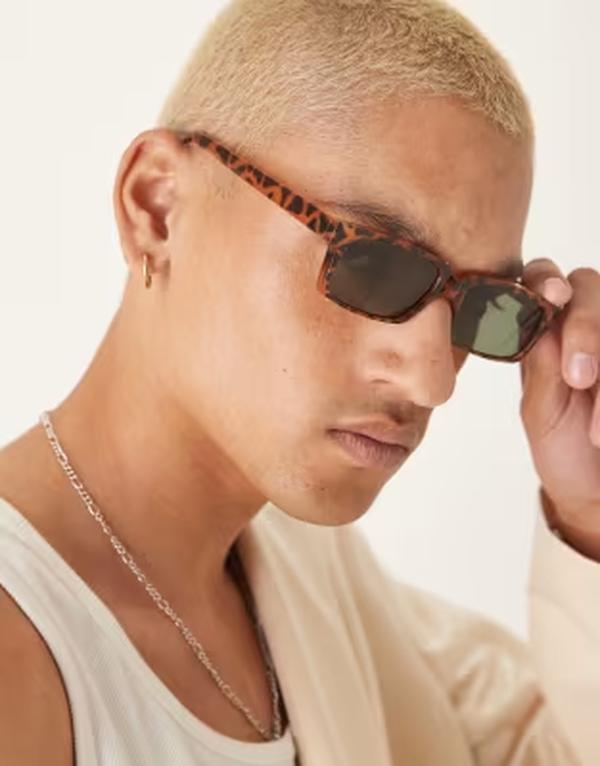 エイソス メンズ 付属物 サングラス・アイウェア ASOS DESIGN rectangle sunglasses with green smoke lens and tortoiseshell frame BROWN 赤銅色