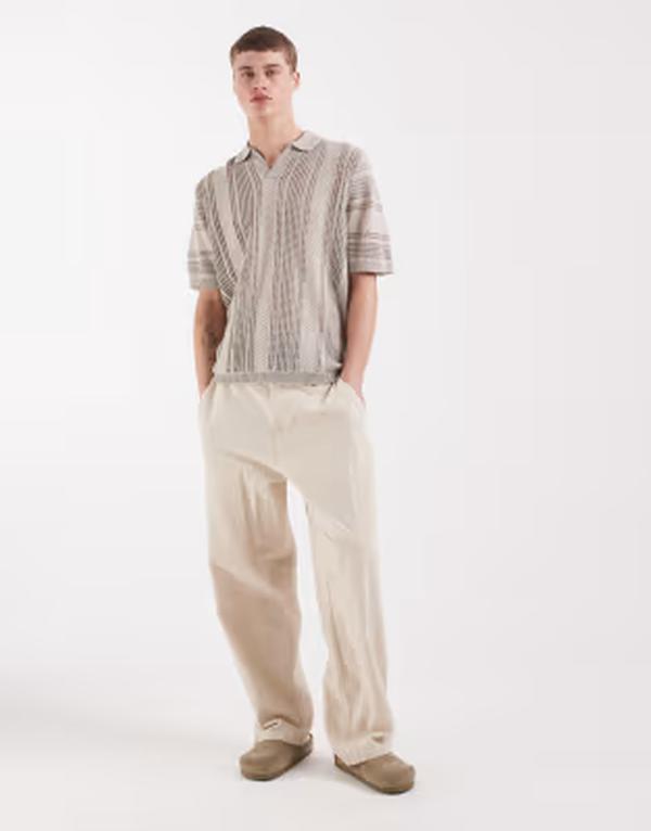 エイソス メンズ トップス スポーツシャツ 編み物 ASOS DESIGN relaxed short sleeve knit crochet notch neck polo Gray 薄墨色