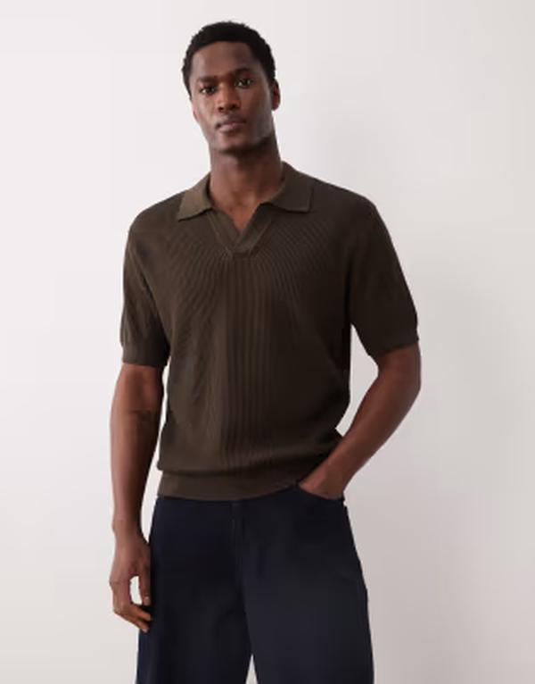 マンゴ メンズ アウター 編み物・プルオーバー 綿織物 Mango 100% cotton knit camp collar short sleeve sweater BROWN 赤銅色