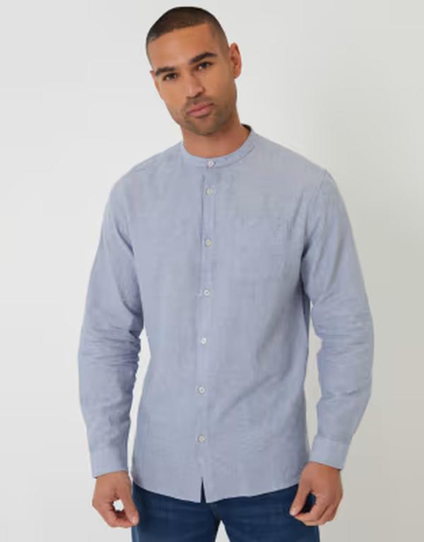 スリードベア メンズ トップス シャツ リネン Threadbare long sleeve linen mix shirt with grandad collar in light BLUE ブルー｜ReVida 店