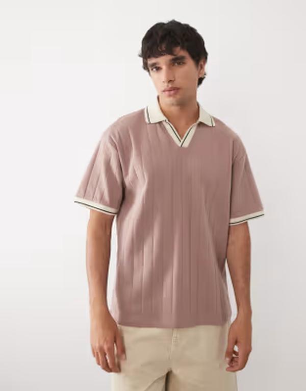 エイソス メンズ トップス スポーツシャツ ASOS DESIGN relaxed notch polo wide rib Antler 赤銅色