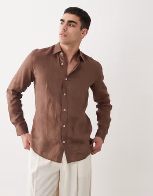 マンゴ メンズ トップス ティーシャツ リネン Mango 100% linen long sleeve shirt BROWN 赤銅色
