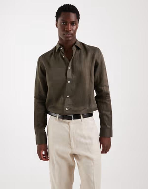 マンゴ メンズ トップス ティーシャツ リネン Mango 100% linen long sleeve shirt BROWN 赤銅色