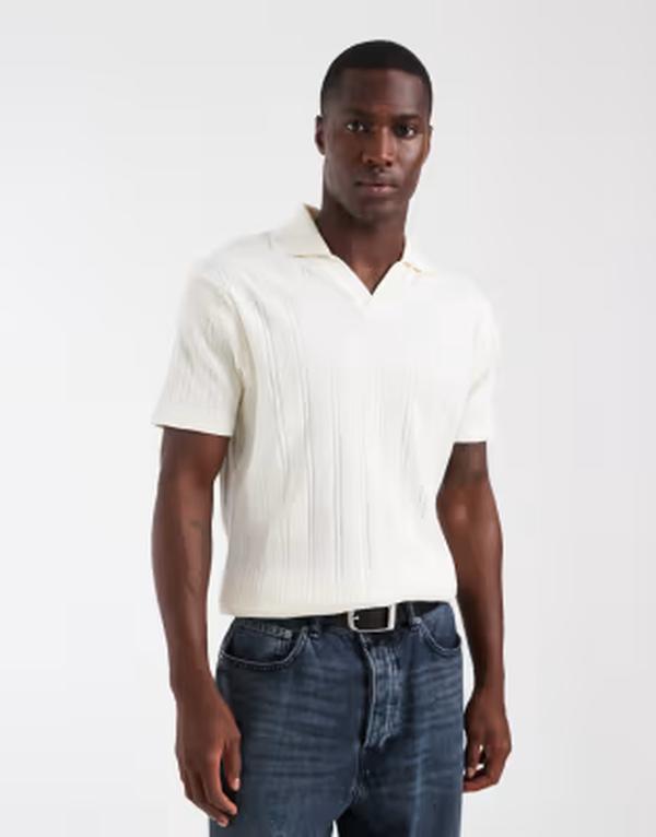 エイソス メンズ トップス スポーツシャツ リブニット か細い相応う 編み物 ASOS DESIGN slim fit notch neck polo shirt インチ cream rib knit Coconut milk 皮膚軟化剤