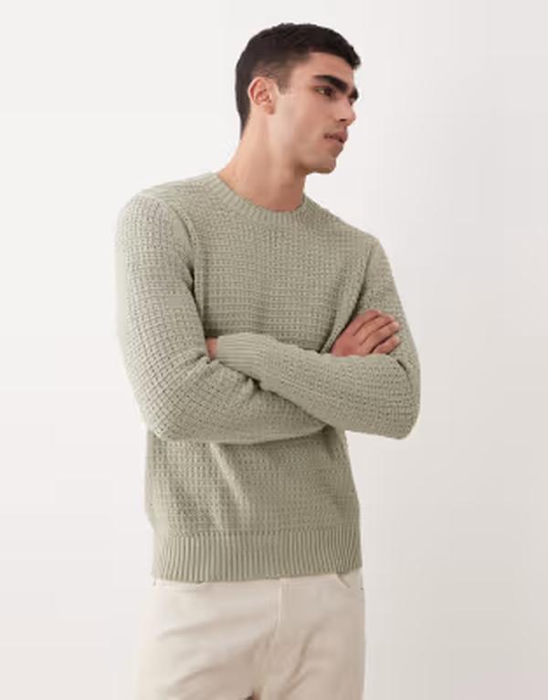 マンゴ メンズ アウター 編み物・プルオーバー Mango waffle knit sweater インチ sage GREEN 緑であること