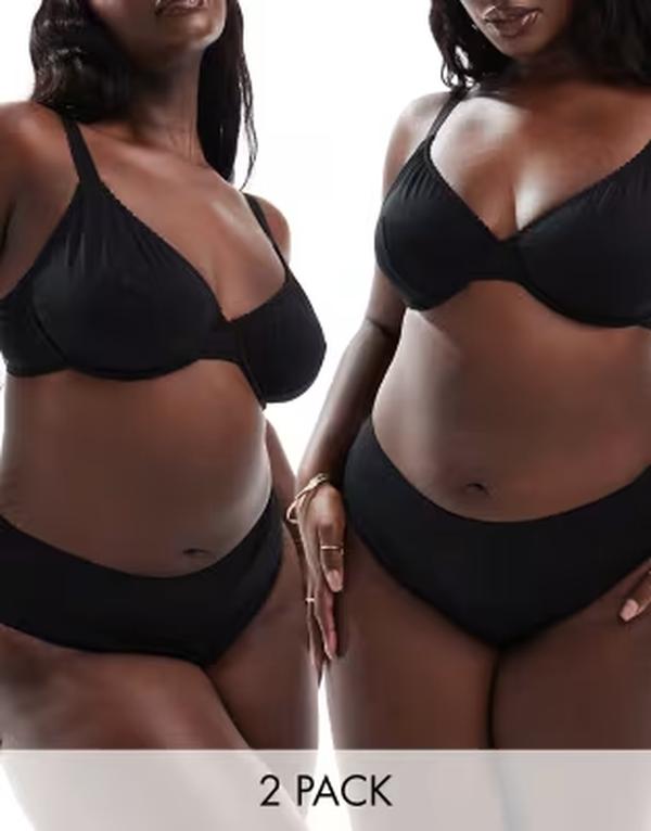 エイソス レディース アンダー御召しもの ブリーフズボン下 綿織物 ASOS Curve ASOS DESIGN Curve 2 pack Mila cotton brazillian brief Black 黒いこと