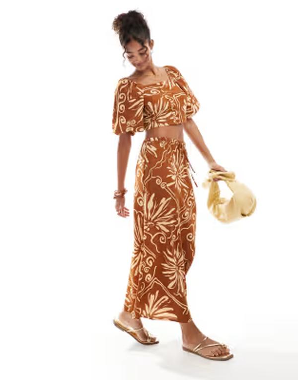 ウェンズデーガール レディース ボトムスカート フラワー柄 フラワー Wednesday's Girl tile floral midaxi skirt - part of a set BROWN ブラウン｜ReVida 店