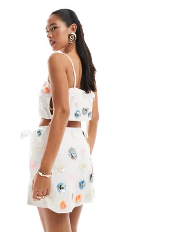 エイソス レディース 下つ方スコート ミニ リネン ASOS DESIGN linen look 3D embellishment mini skirt inatural - part of a set Multi マルチ色合い