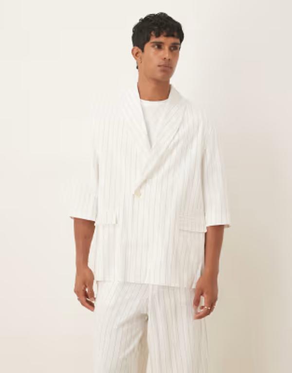 エイソス メンズ アウター 上衣・上衣 リネン ASOS DESIGN linen mix slouchy oversized suit jacket pinstripe CREAM 皮膚軟化剤