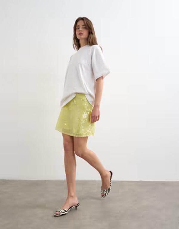 いの一番販売店 レディース 下つ方スコート お花柄 ミニ スパンコール お花 Topshop floral sequined mini skirt with side ties インチ yellow 黄色