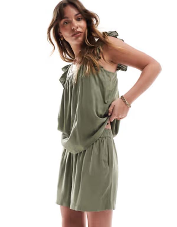 ピーシーズ レディース ボトムス 二分の一ズボン下・さる股引き 遊撃手ズボン下 リネン Pieces linen touch shorts インチ lichen green - part of a set Lichen green 緑であること