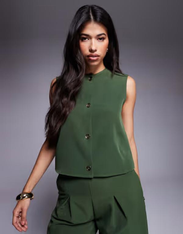 エイソス レディース トップス プルオーバー ノースリーブ ASOS DESIGN button front sleeveless top green - part of a set Khaki カーキ