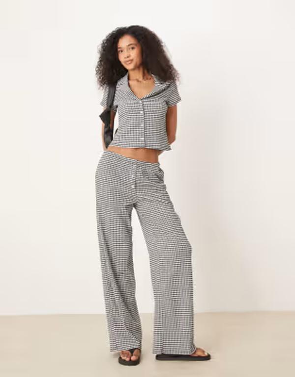 エイソス レディース ボトムス 心地好いズボン下 ワイドレッグ ギンガム読み合わせる ギンガム ASOS DESIGN wide leg pants インチ mono gingham- part of a set Gingham