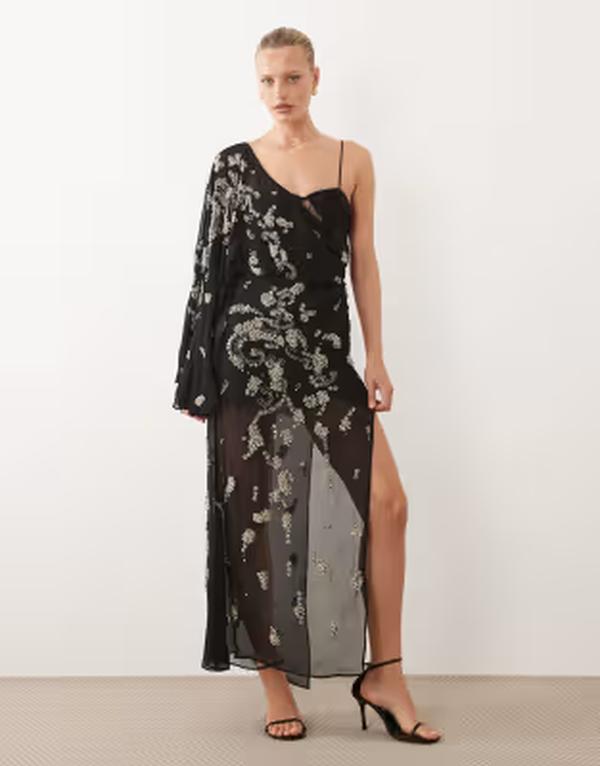 エイソス レディース トップス 衣裳 ドレープ スピード競技 マキシ ASOS DESIGN draped batwing sleevembellished maxi dress with lace Black 黒いこと