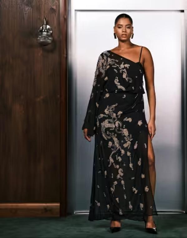 エイソス レディース トップス 衣裳 ドレープ スピード競技 マキシ ASOS Curve ASOS DESIGN Curve draped batwing sleevembellished maxi dress with lace Black 黒いこと