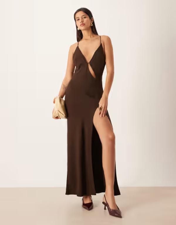 エイソス レディース トップス 衣裳 カットアウト マキシ ASOS DESIGN cut-out detail high slit maxi dress インチ chocolate 黒茶