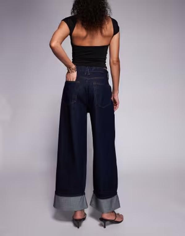 好ましいアメリカン レディース ボトムス ジーンズズボン下 デニム Good American Good Standard turn-up detail baggy jeans インチ dark blue indigo wash Indigo インディゴ