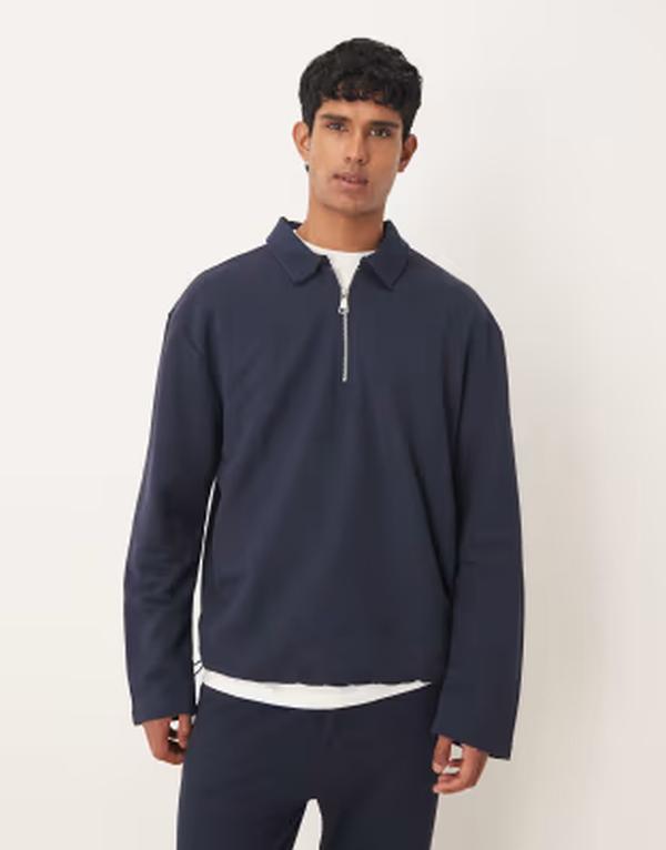 エイソス メンズ トップス スポーツシャツ ハーフジップ ASOS DESIGN oversized half zipolo shirt pique - part of a set NAVY 米国海軍
